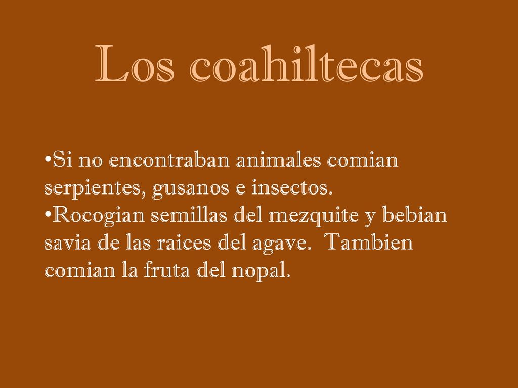 Los coahiltecas Si no encontraban animales comian serpientes, gusanos e insectos.