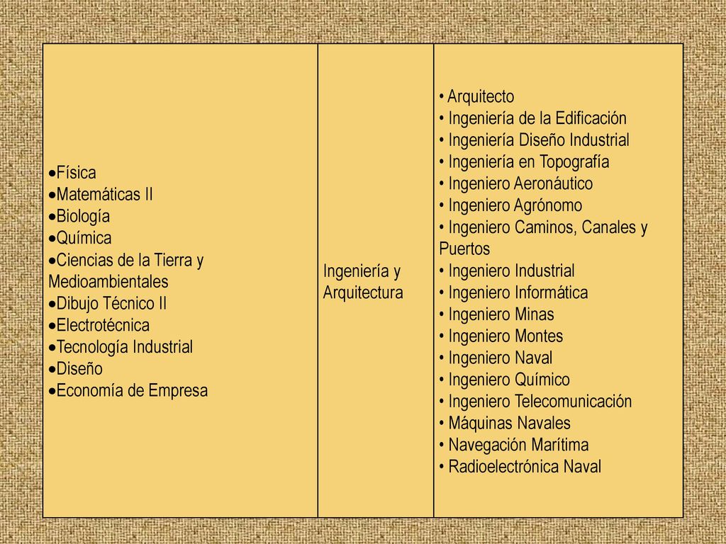 Física Matemáticas II. Biología. Química. Ciencias de la Tierra y Medioambientales. Dibujo Técnico II.