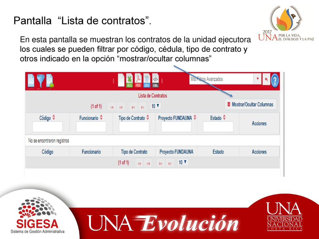 Pantalla Lista de contratos .