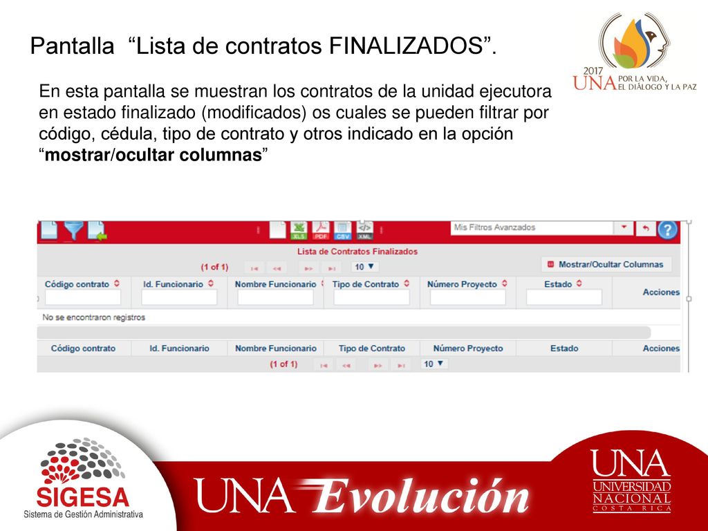 Pantalla Lista de contratos FINALIZADOS .