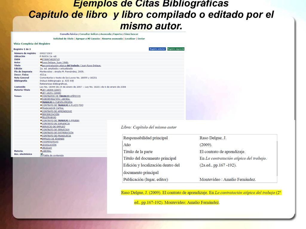 Ejemplos de Citas Bibliográficas Capítulo de libro y libro compilado o editado por el mismo autor.