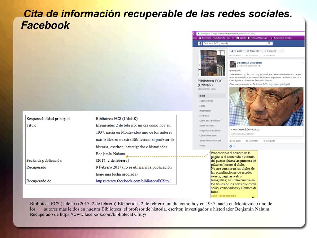 Cita de información recuperable de las redes sociales. Facebook