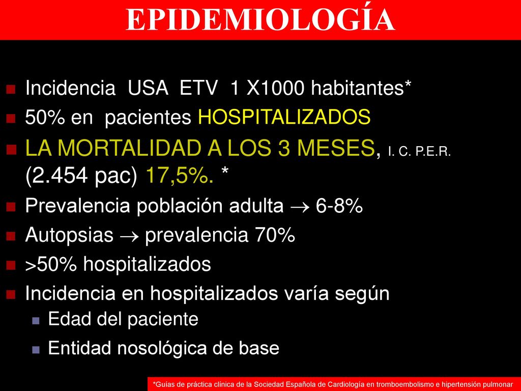 EPIDEMIOLOGÍA Incidencia USA ETV 1 X1000 habitantes* 50% en pacientes HOSPITALIZADOS.