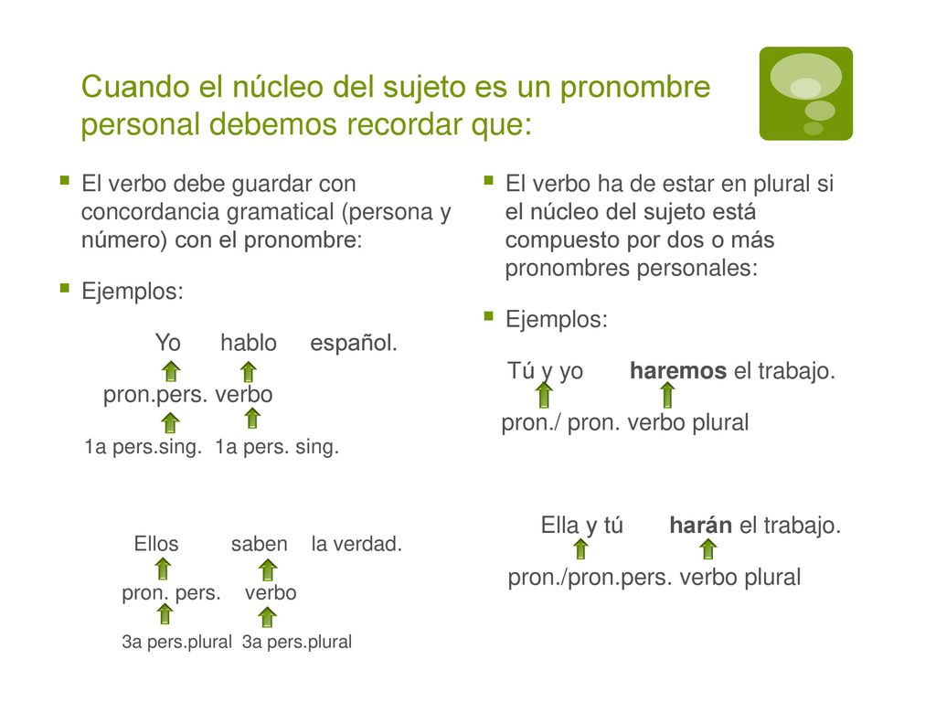 Cuando el núcleo del sujeto es un pronombre personal debemos recordar que: