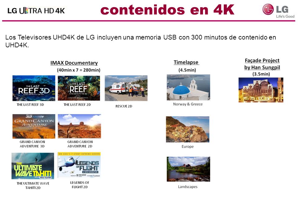 contenidos en 4K Los Televisores UHD4K de LG incluyen una memoria USB con 300 minutos de contenido en UHD4K.
