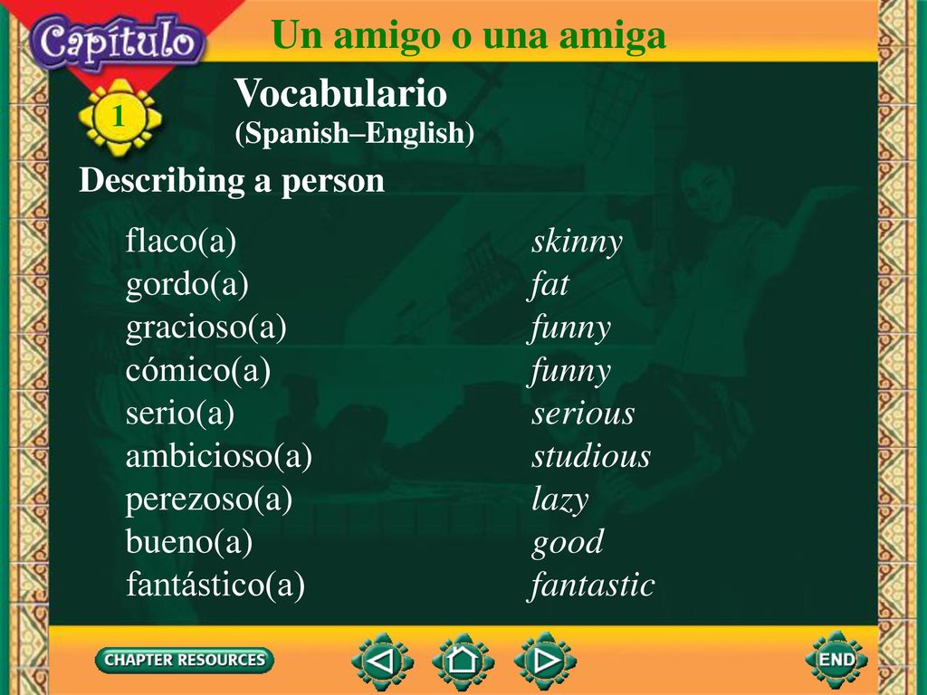 Un amigo o una amiga Vocabulario Describing a person flaco(a) skinny