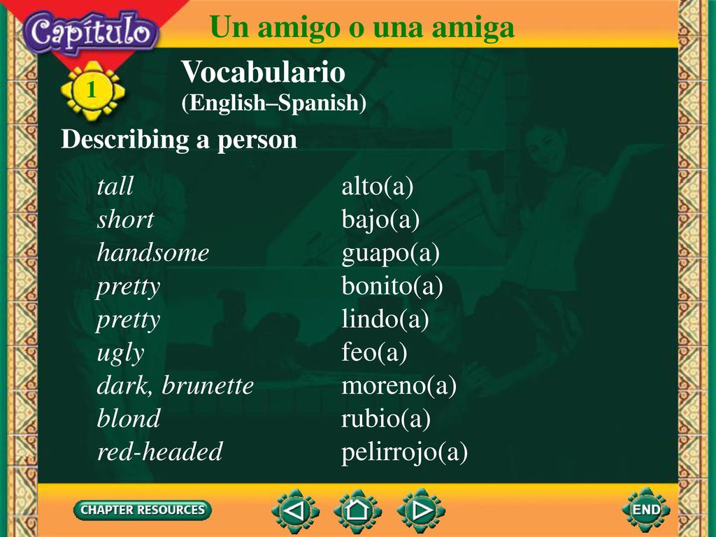 Un amigo o una amiga Vocabulario Describing a person tall alto(a)