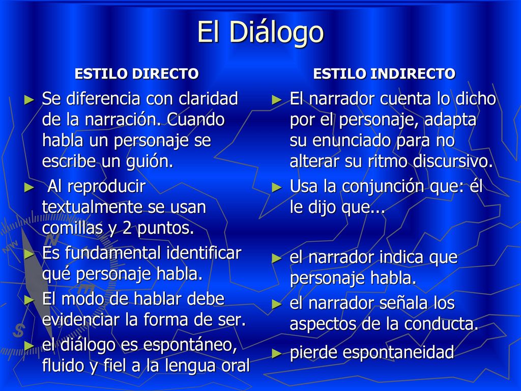 El Diálogo ESTILO DIRECTO. Se diferencia con claridad de la narración. Cuando habla un personaje se escribe un guión.