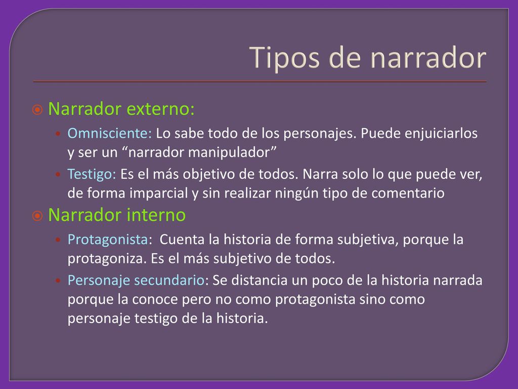 Tipos de narrador Narrador externo: Narrador interno