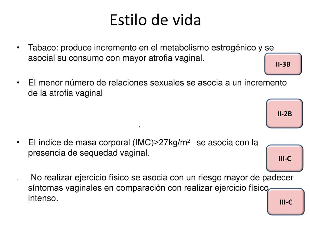 Estilo de vida Tabaco: produce incremento en el metabolismo estrogénico y se asocial su consumo con mayor atrofia vaginal.