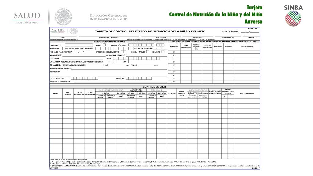 Tarjeta Control de Nutrición de la Niña y del Niño Anverso