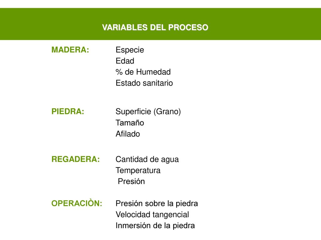 VARIABLES DEL PROCESO MADERA: Especie. Edad. % de Humedad. Estado sanitario. PIEDRA: Superficie (Grano)