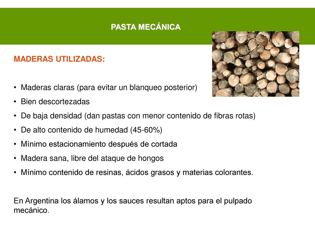 PASTA MECÁNICA MADERAS UTILIZADAS: Maderas claras (para evitar un blanqueo posterior) Bien descortezadas.