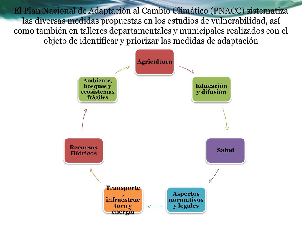 El Plan Nacional de Adaptación al Cambio Climático (PNACC) sistematiza las diversas medidas propuestas en los estudios de vulnerabilidad, así como también en talleres departamentales y municipales realizados con el objeto de identificar y priorizar las medidas de adaptación