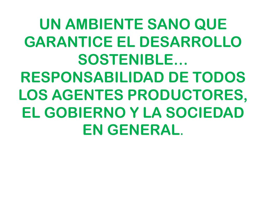 UN AMBIENTE SANO QUE GARANTICE EL DESARROLLO SOSTENIBLE… RESPONSABILIDAD DE TODOS LOS AGENTES PRODUCTORES, EL GOBIERNO Y LA SOCIEDAD EN GENERAL.