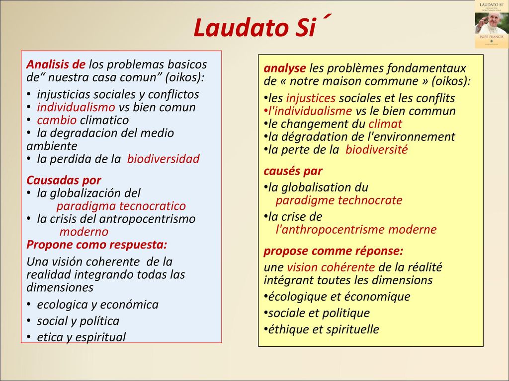 Laudato Si´ Analisis de los problemas basicos de nuestra casa comun (oikos): injusticias sociales y conflictos.
