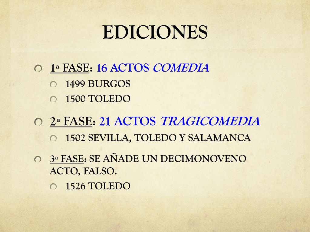 EDICIONES 2ª FASE: 21 ACTOS TRAGICOMEDIA 1ª FASE: 16 ACTOS COMEDIA
