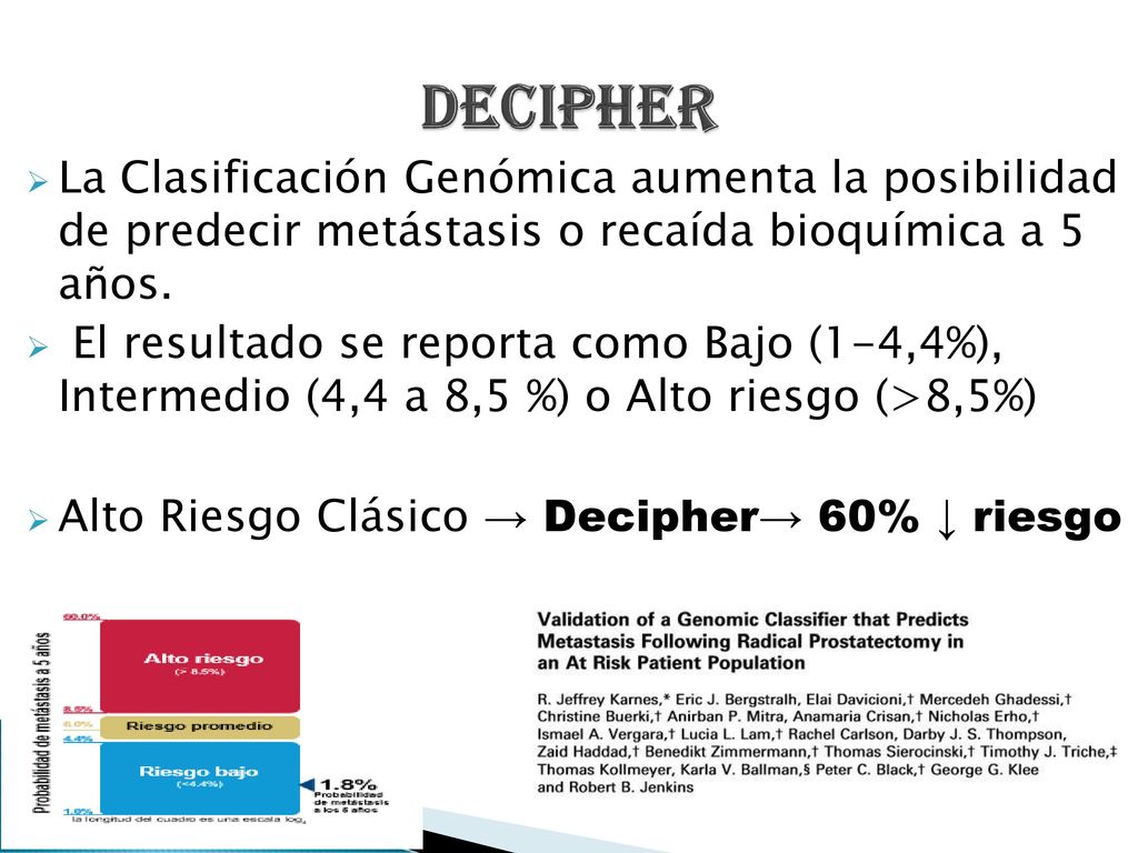 DECIPHER La Clasificación Genómica aumenta la posibilidad de predecir metástasis o recaída bioquímica a 5 años.