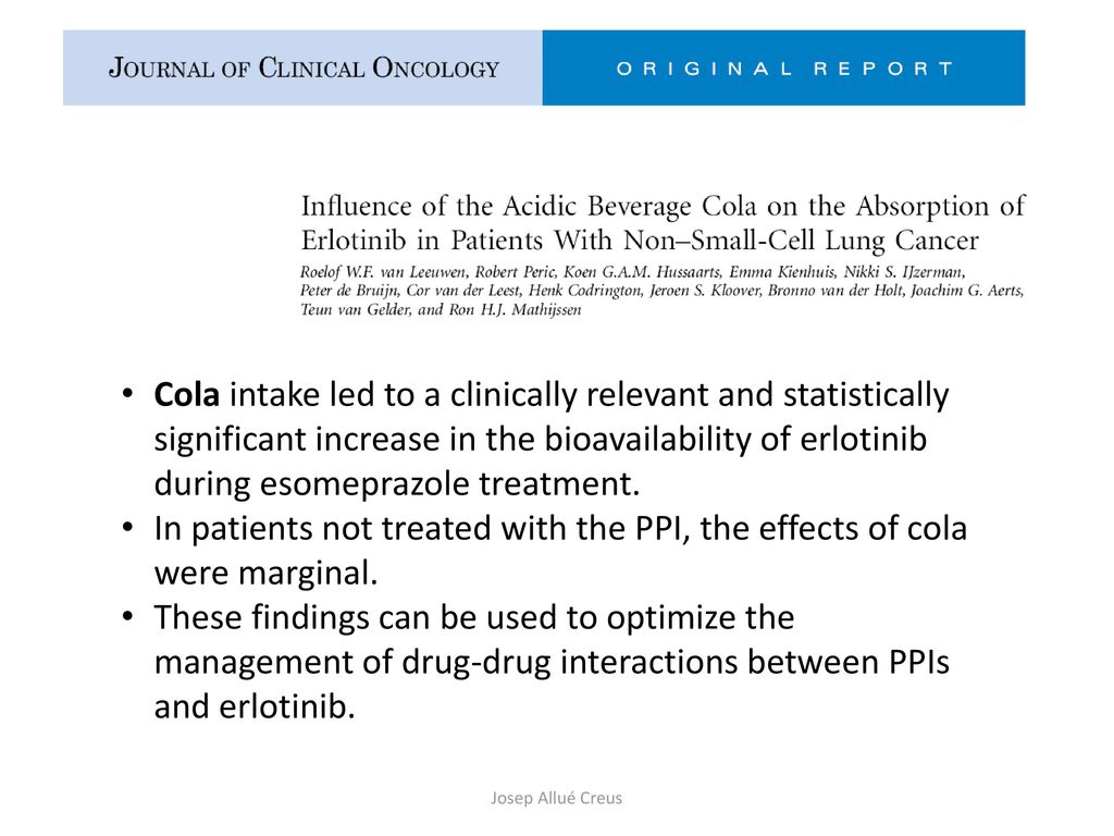 Cola intake led to a clinically relevant and statistically significant increase in the bioavailability of erlotinib during esomeprazole treatment.