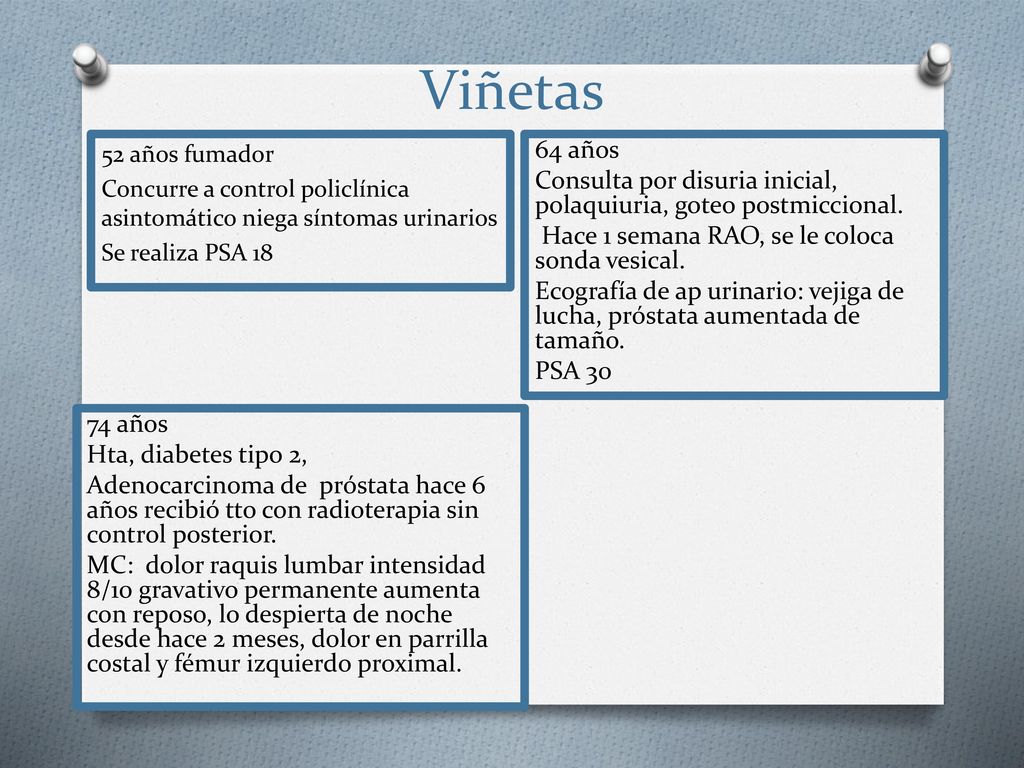 Viñetas 52 años fumador Concurre a control policlínica asintomático niega síntomas urinarios Se realiza PSA 18