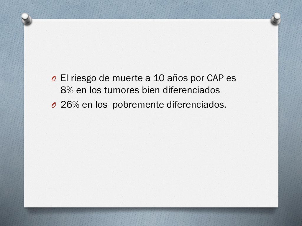 El riesgo de muerte a 10 años por CAP es 8% en los tumores bien diferenciados