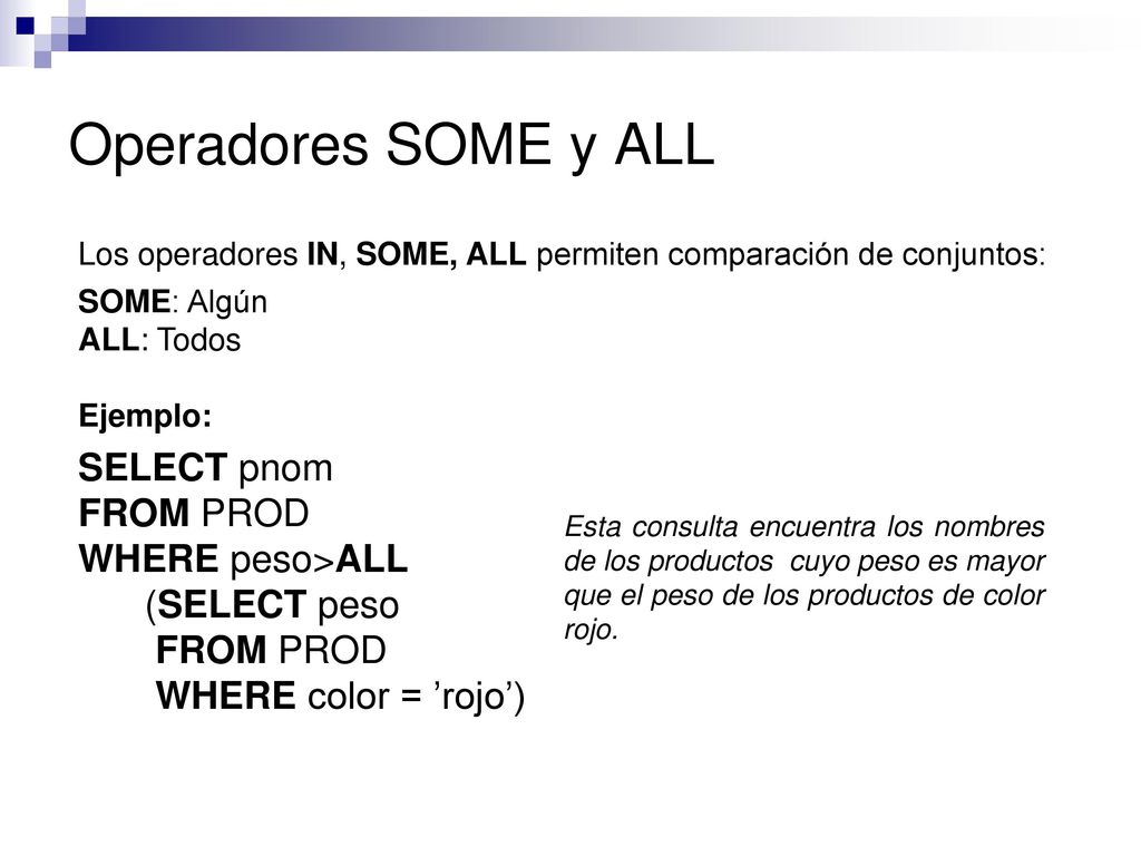 Operadores SOME y ALL SELECT pnom FROM PROD WHERE peso>ALL
