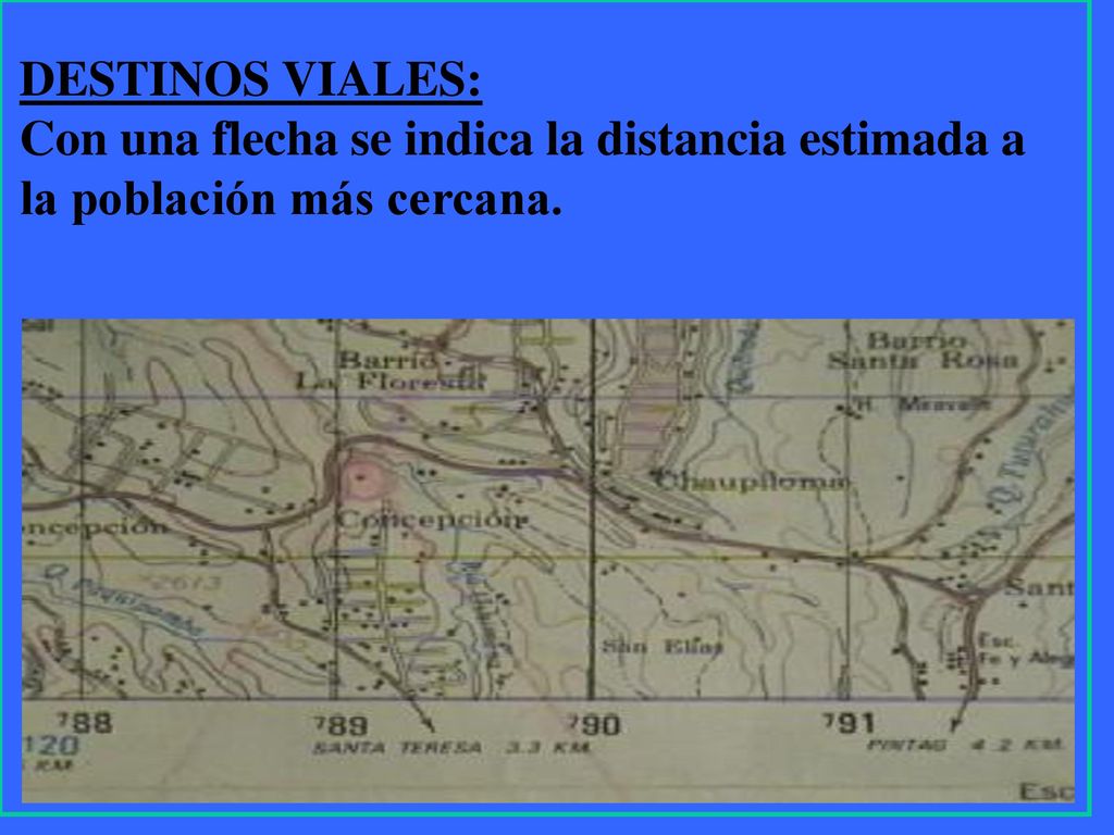 DESTINOS VIALES: Con una flecha se indica la distancia estimada a la población más cercana.