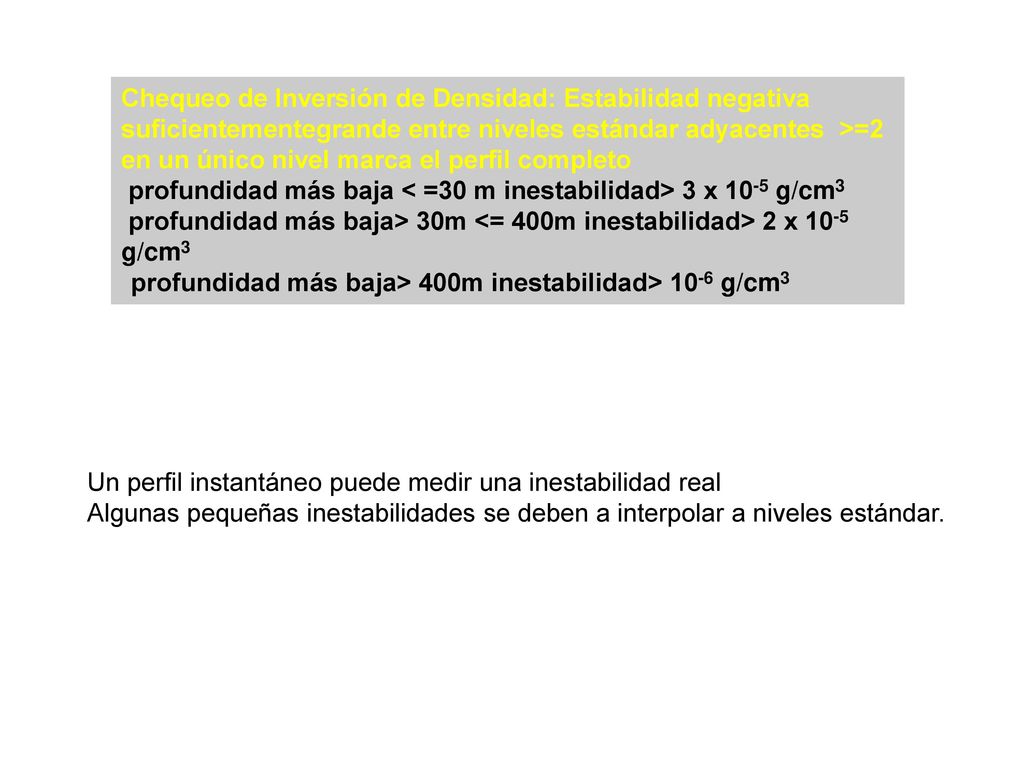 Chequeo de Inversión de Densidad: Estabilidad negativa suficientementegrande entre niveles estándar adyacentes >=2 en un único nivel marca el perfil completo