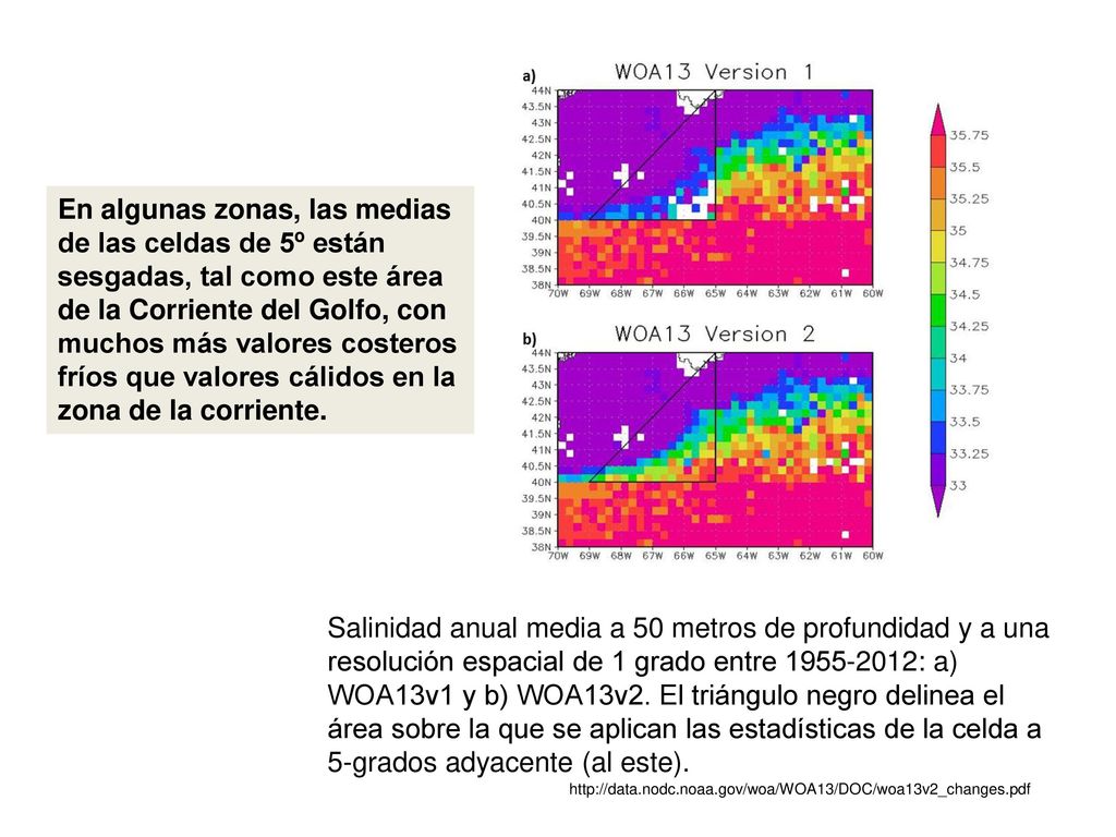 En algunas zonas, las medias de las celdas de 5º están sesgadas, tal como este área de la Corriente del Golfo, con muchos más valores costeros fríos que valores cálidos en la zona de la corriente.