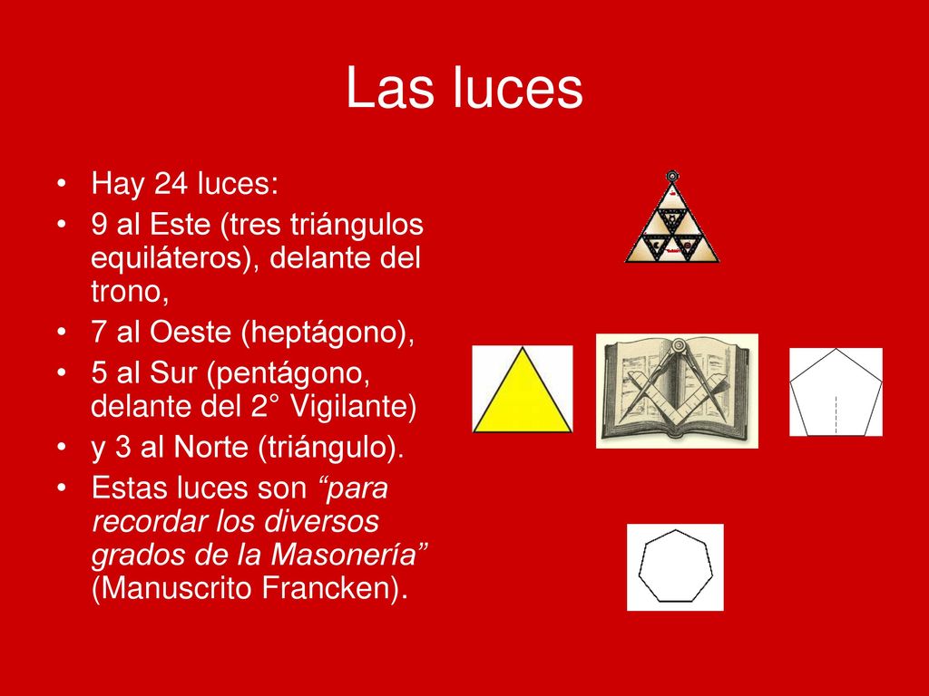 Las luces Hay 24 luces: 9 al Este (tres triángulos equiláteros), delante del trono, 7 al Oeste (heptágono),