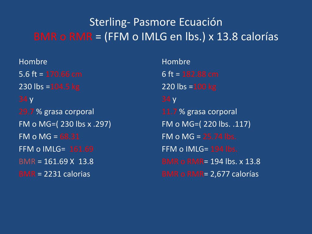 Sterling- Pasmore Ecuación BMR o RMR = (FFM o IMLG en lbs. ) x 13