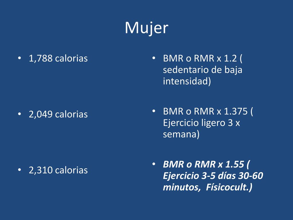 Mujer 1,788 calorias 2,049 calorias 2,310 calorias