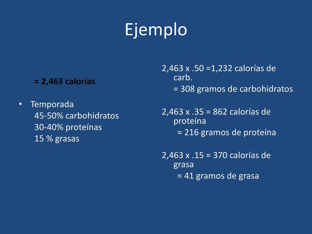 Ejemplo = 2,463 calorías. Temporada % carbohidratos % proteínas. 15 % grasas.