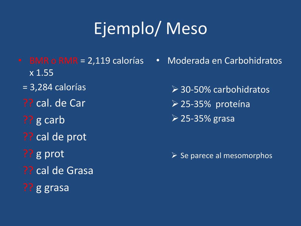 Ejemplo/ Meso cal. de Car g carb cal de prot g prot