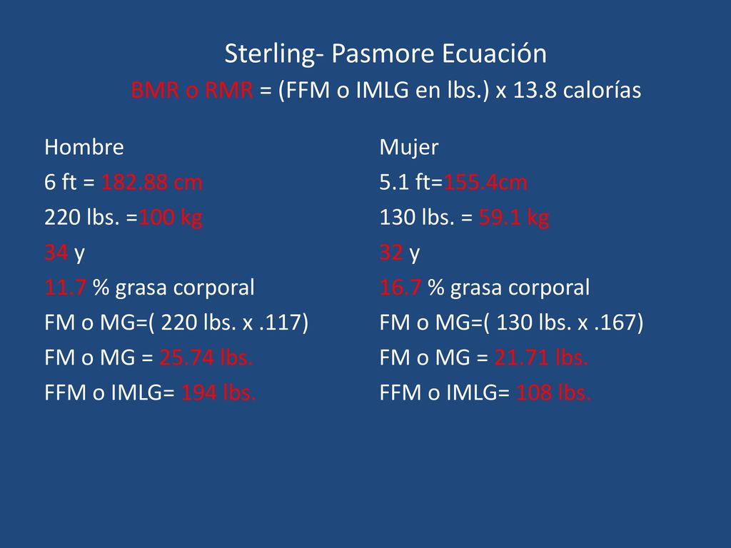 Sterling- Pasmore Ecuación BMR o RMR = (FFM o IMLG en lbs. ) x 13