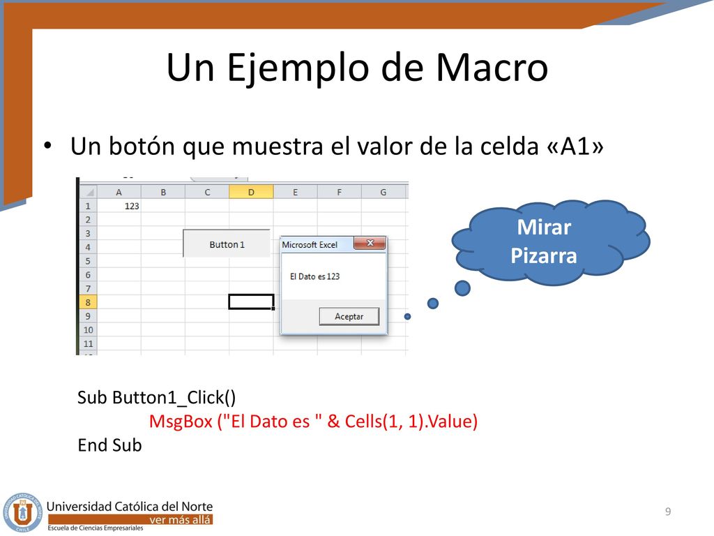 Un Ejemplo de Macro Un botón que muestra el valor de la celda «A1»