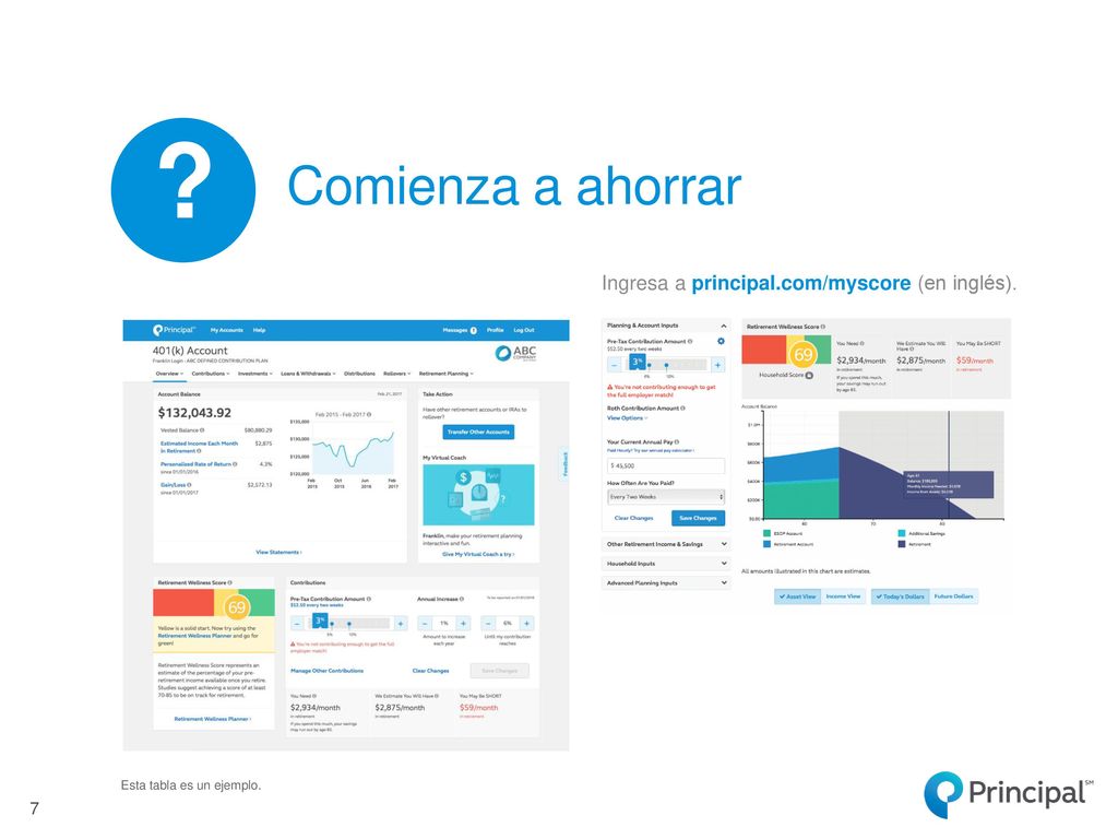 Comienza a ahorrar Ingresa a principal.com/myscore (en inglés).