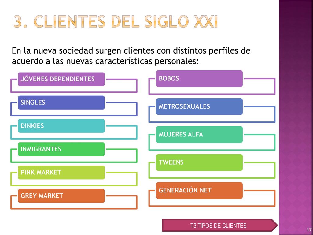 3. CLIENTES DEL SIGLO XXI En la nueva sociedad surgen clientes con distintos perfiles de acuerdo a las nuevas características personales: