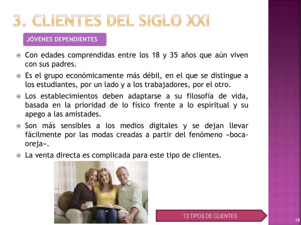 3. CLIENTES DEL SIGLO XXI JÓVENES DEPENDIENTES. Con edades comprendidas entre los 18 y 35 años que aún viven con sus padres.