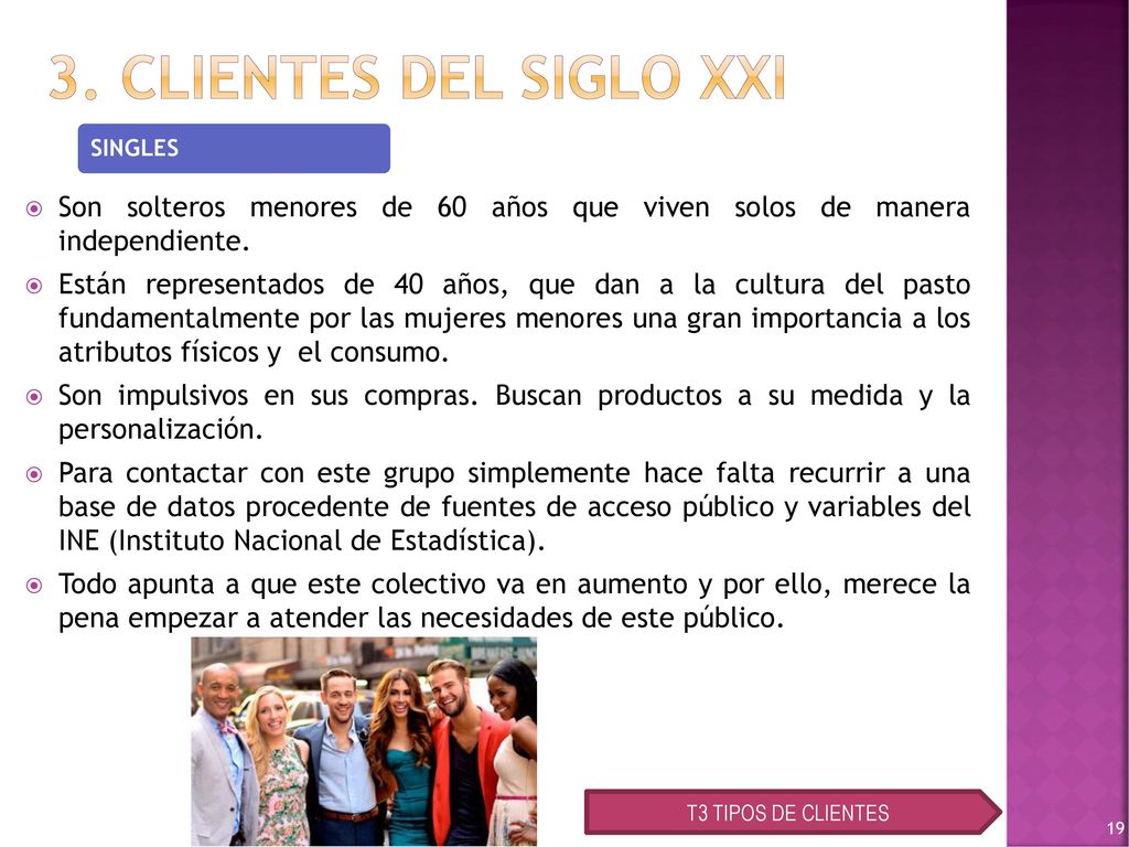 3. CLIENTES DEL SIGLO XXI SINGLES. Son solteros menores de 60 años que viven solos de manera independiente.