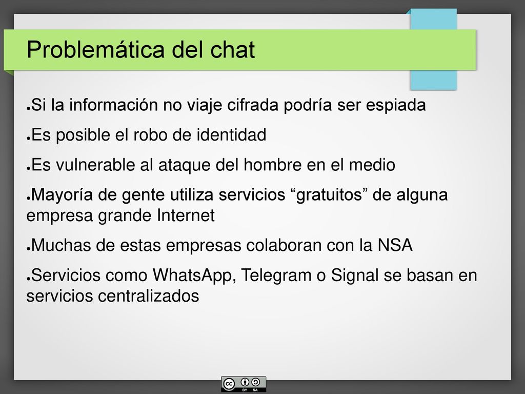 Problemática del chat Si la información no viaje cifrada podría ser espiada. Es posible el robo de identidad.