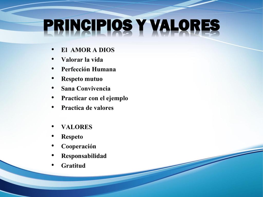PRINCIPIOS Y VALORES El AMOR A DIOS Valorar la vida Perfección Humana