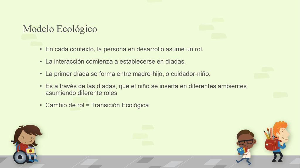 Modelo Ecológico En cada contexto, la persona en desarrollo asume un rol. La interacción comienza a establecerse en díadas.