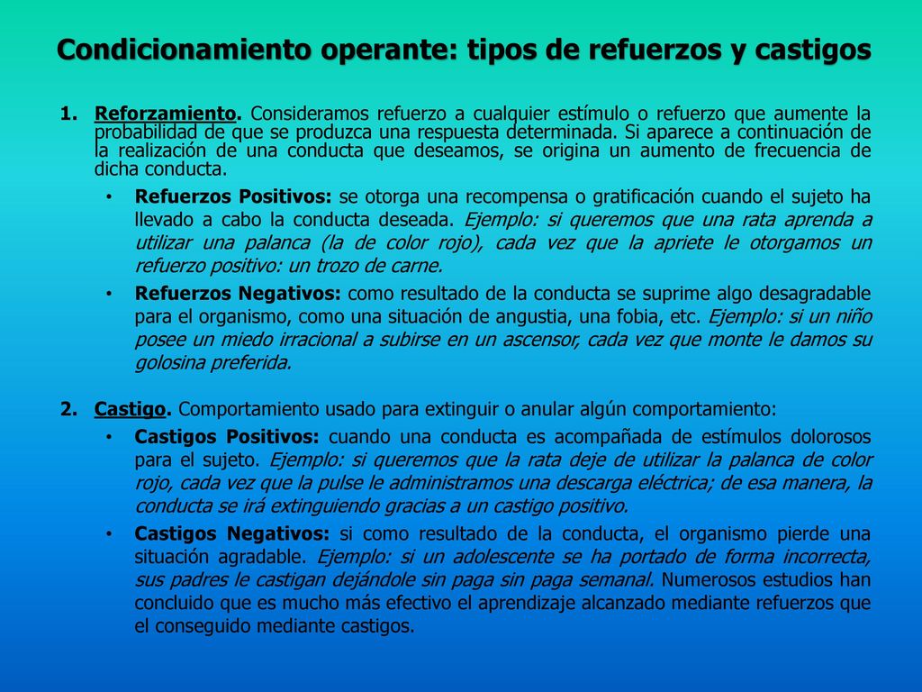 Condicionamiento operante: tipos de refuerzos y castigos