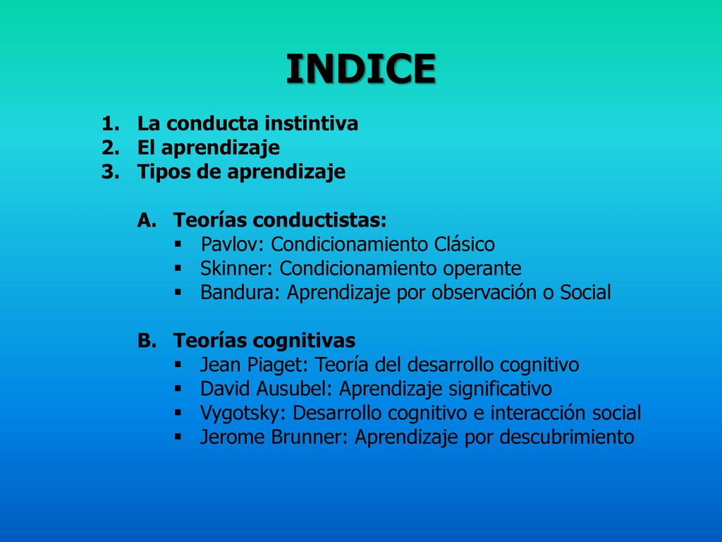 INDICE La conducta instintiva El aprendizaje Tipos de aprendizaje