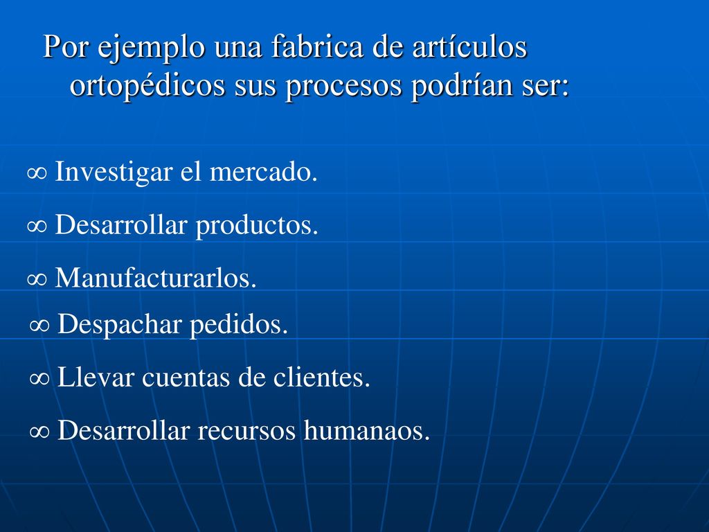 Por ejemplo una fabrica de artículos ortopédicos sus procesos podrían ser:
