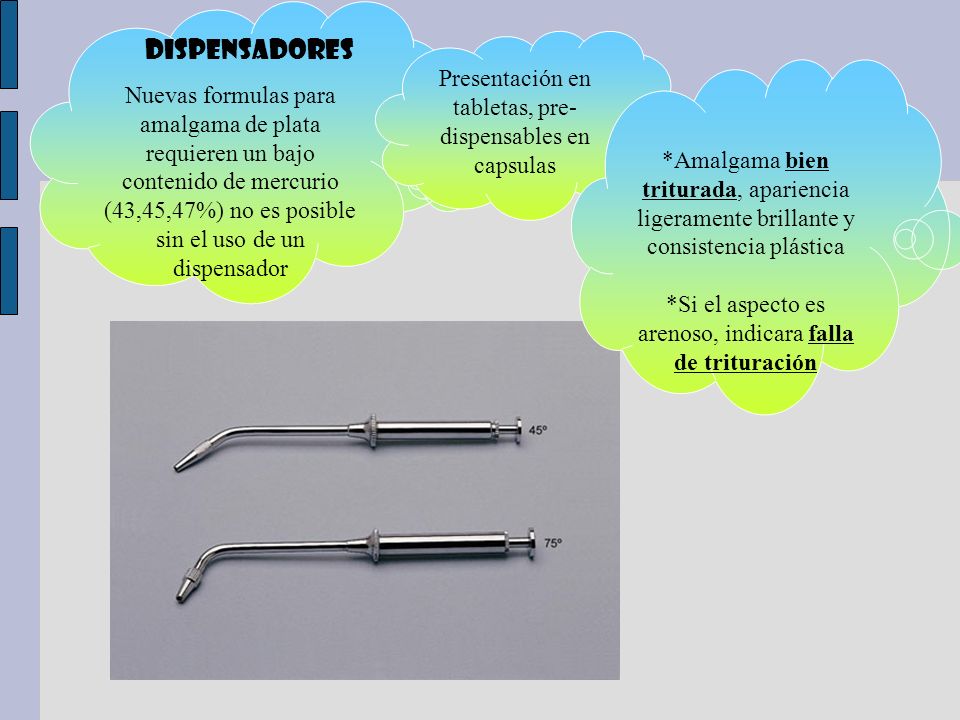 Nuevas formulas para amalgama de plata requieren un bajo contenido de mercurio (43,45,47%) no es posible sin el uso de un dispensador