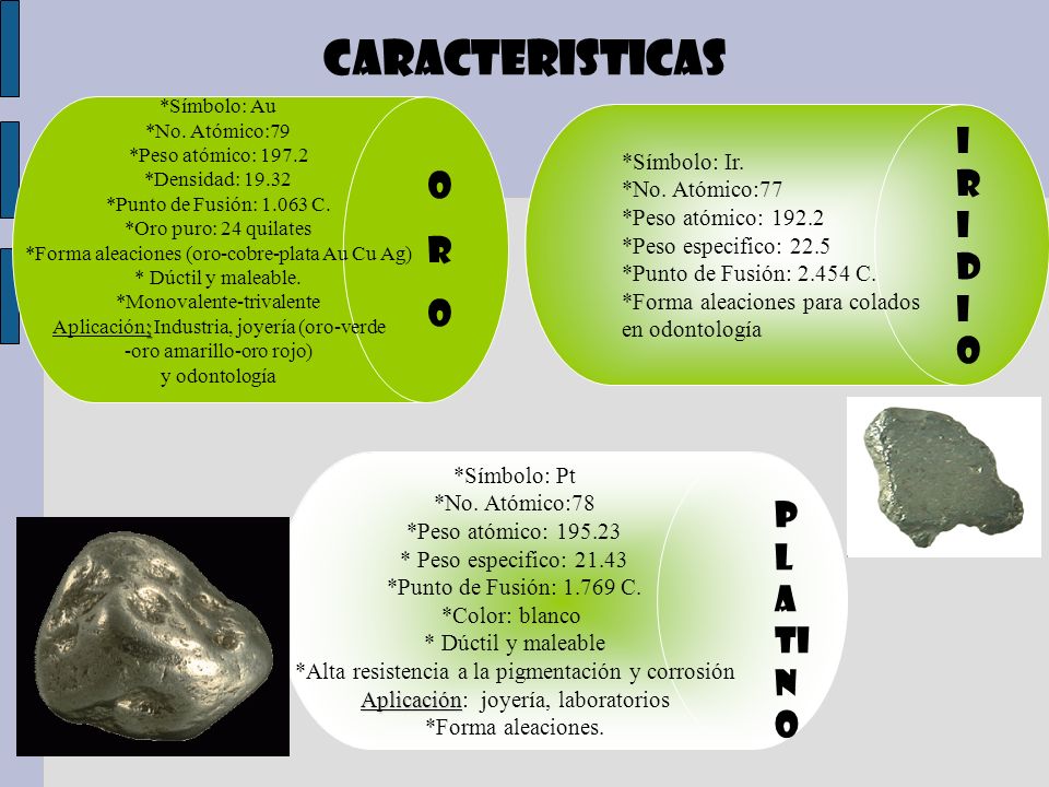 CARACTERISTICAS i r i d i o O R p l a ti n o *Símbolo: Ir.