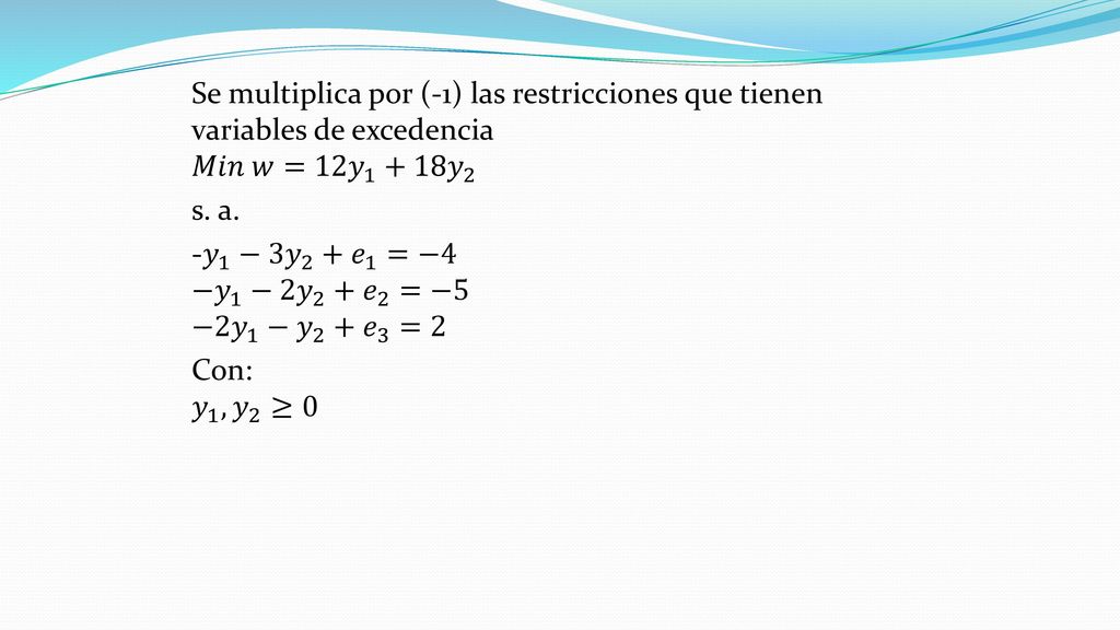 Primero se transforma en su forma estándar sin agregar variables artificiales: 𝑀𝑖𝑛 𝑤=12 𝑦 𝑦 2 s.