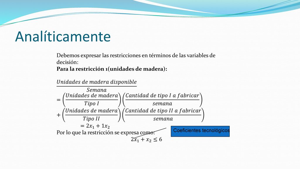 Analíticamente Debemos expresar las restricciones en términos de las variables de decisión: Para la restricción 1(unidades de madera):
